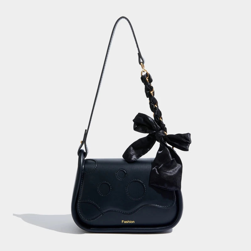 Maxdutti Casual Armpit Bag French Style Silk Bow Dot Leather Single Shoulder Bag