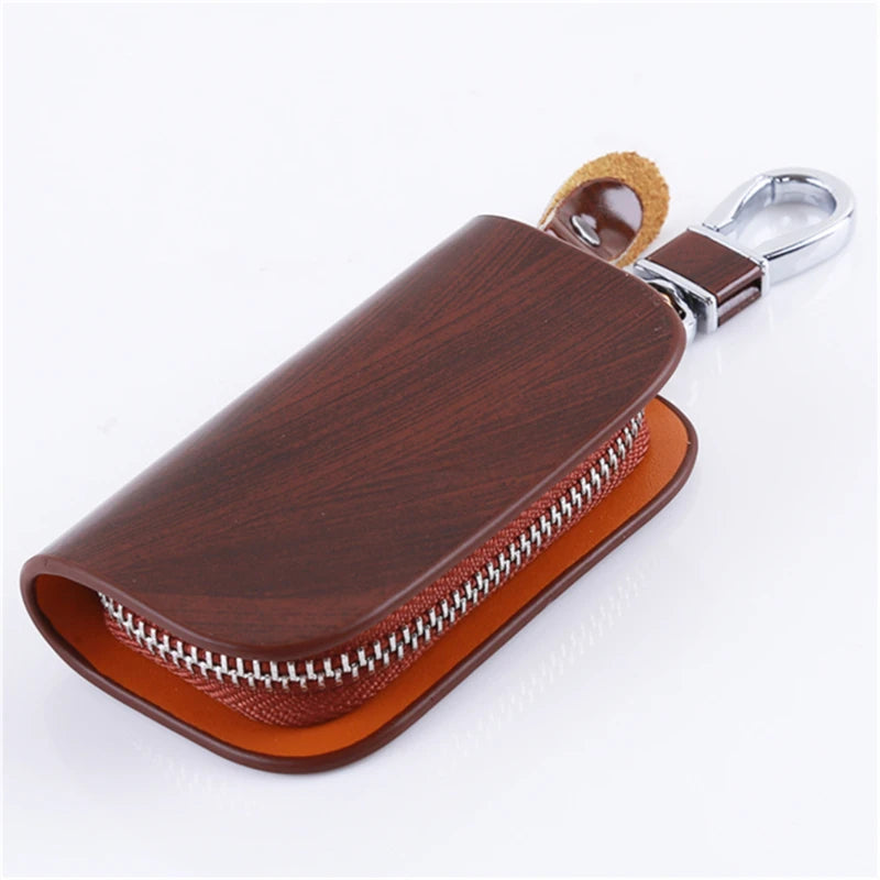 Leather Key Holder Organizer Wallet Keychain Covers Zipper Key Case Bag