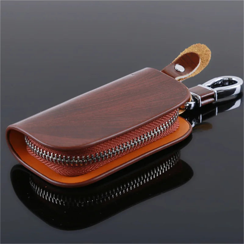Leather Key Holder Organizer Wallet Keychain Covers Zipper Key Case Bag