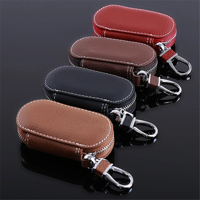 Leather Key Holder Housekeeper Organizer with Zipper - Unisex Key Case Bag