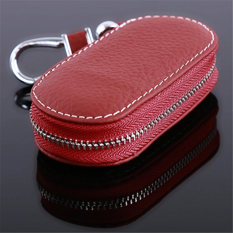 Leather Key Holder Housekeeper Organizer with Zipper - Unisex Key Case Bag