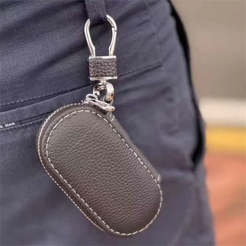 Leather Key Holder Housekeeper Organizer with Zipper - Unisex Key Case Bag