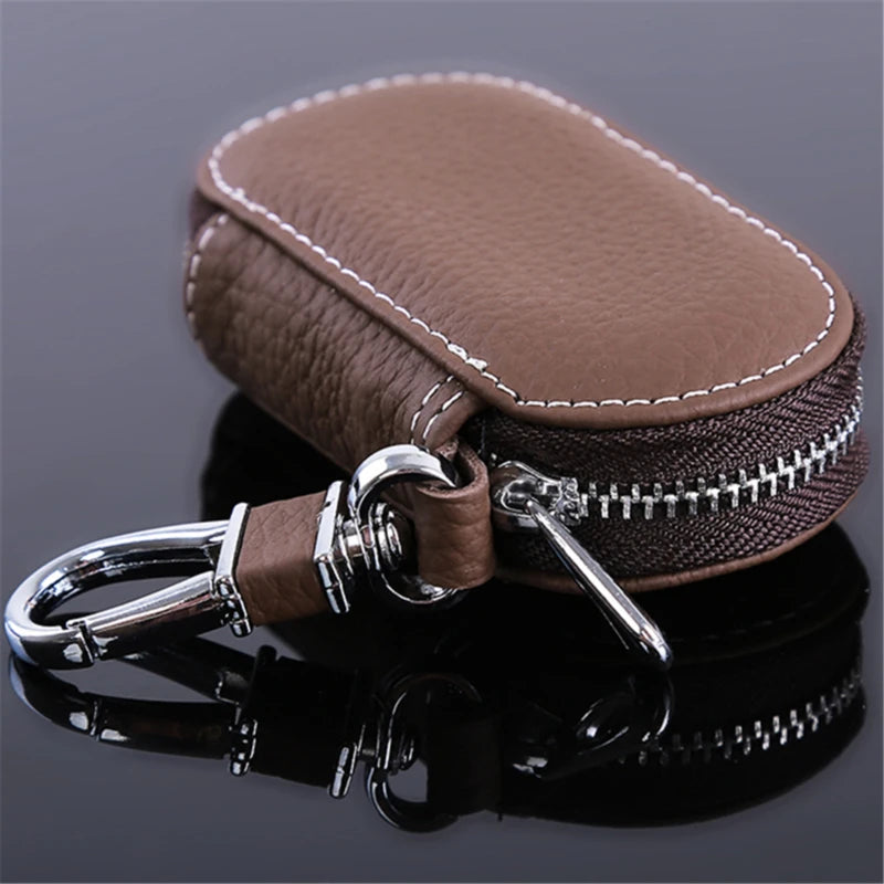 Leather Key Holder Housekeeper Organizer with Zipper - Unisex Key Case Bag