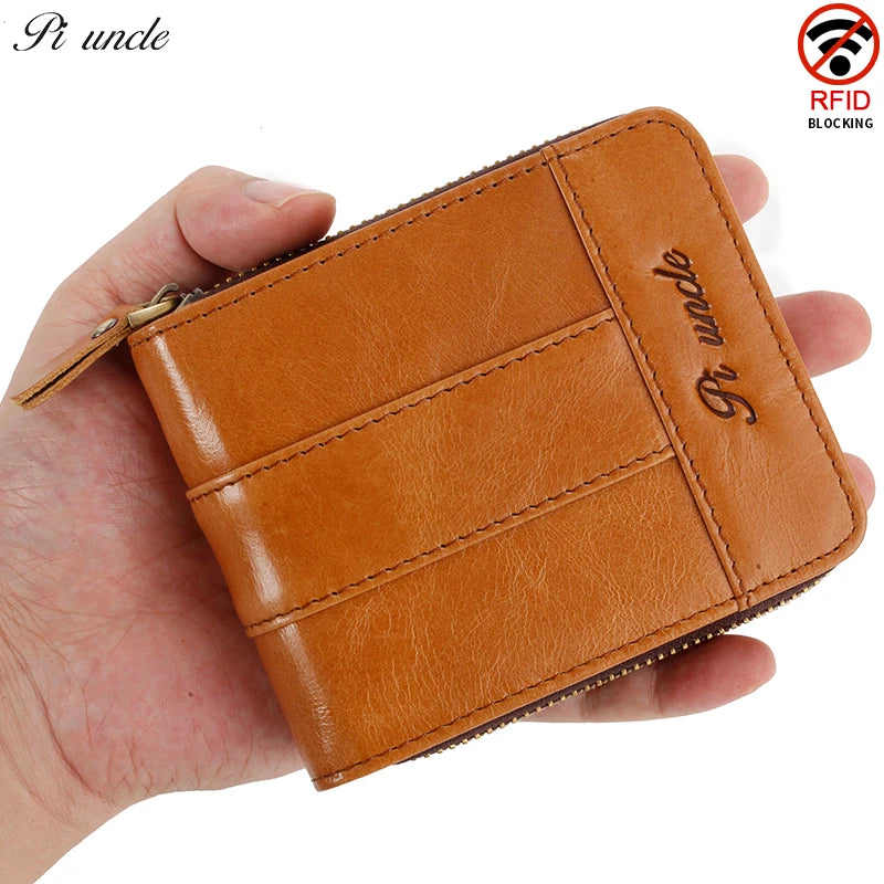 Men Oil Wax Cowhide Leather Zipper Wallet With Coin Purse Clutch