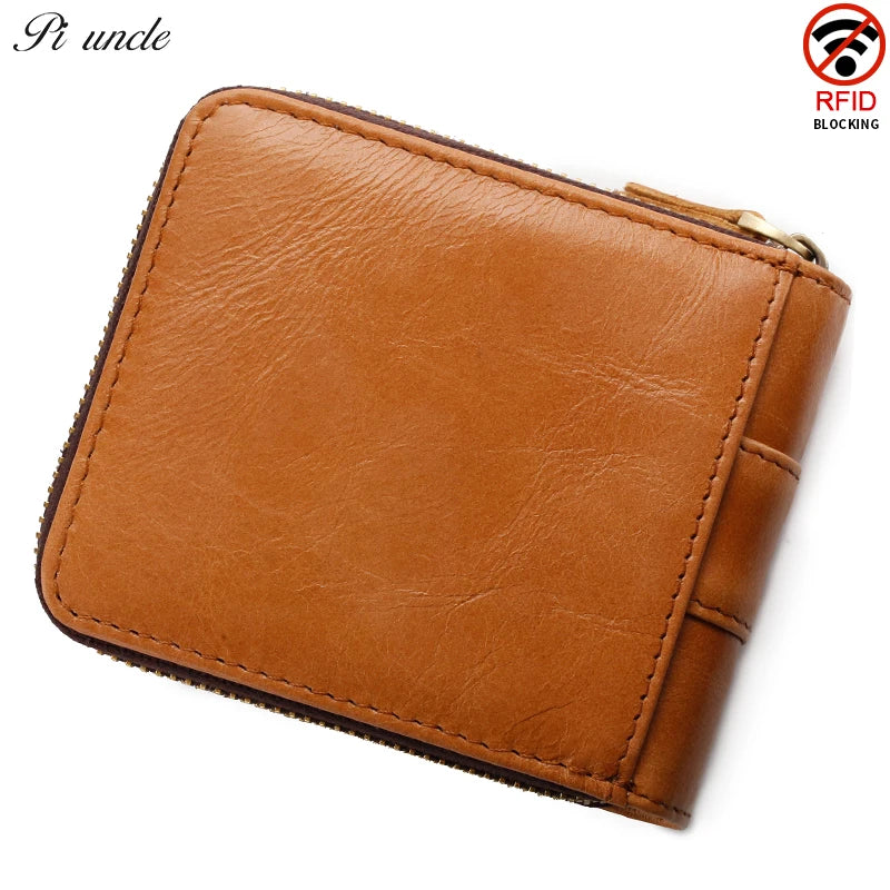 Men Oil Wax Cowhide Leather Zipper Wallet With Coin Purse Clutch