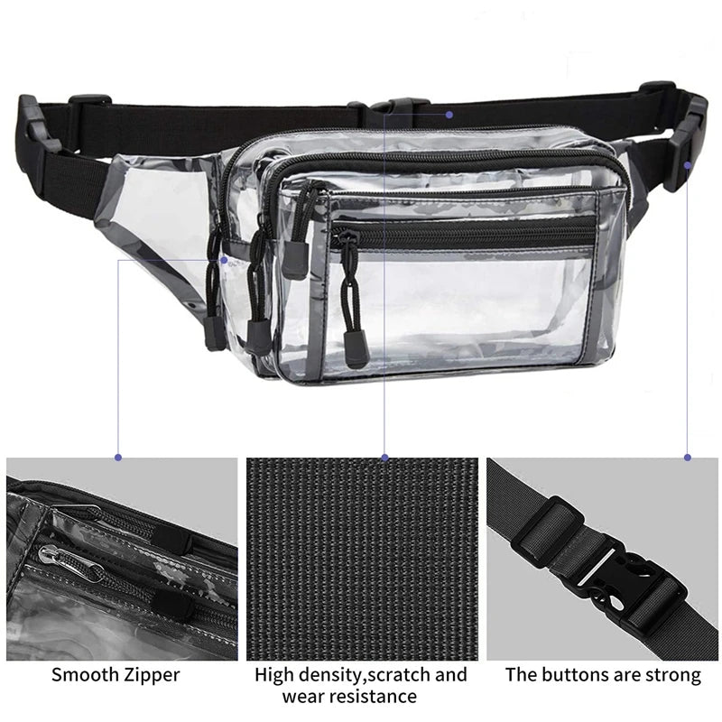 Clear Waterproof Waist Pack Transparent Zipper Closure Outdoor Waist Bag