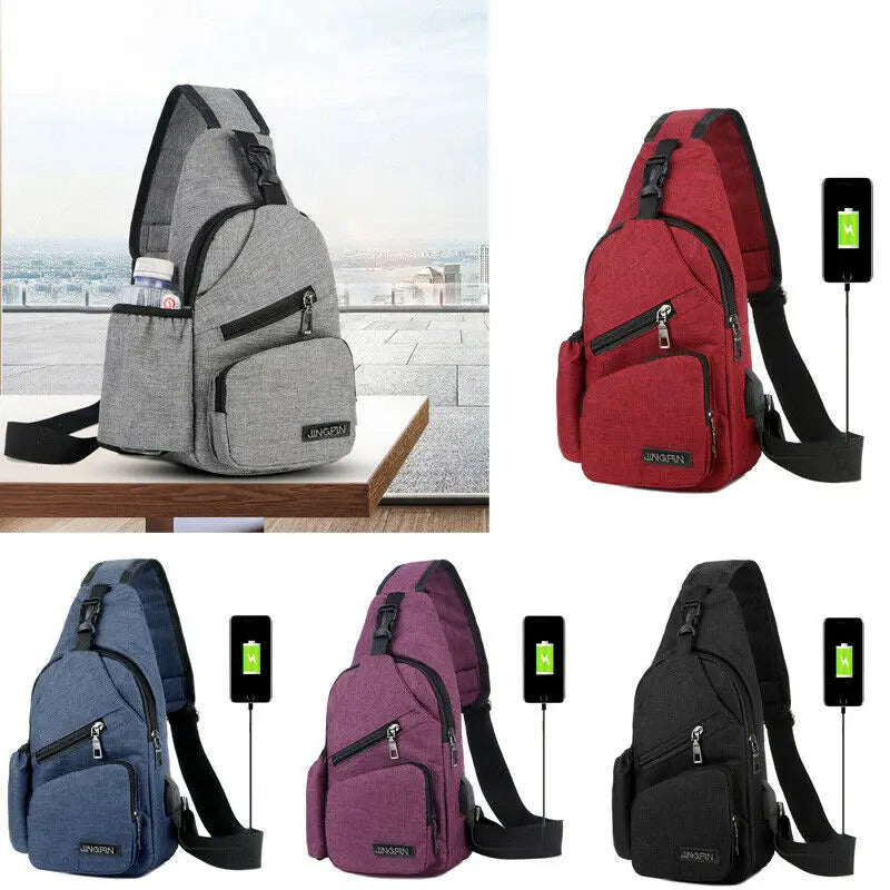 Men Women Sling Chest Pack USB Charging Sports Crossbody Handbag