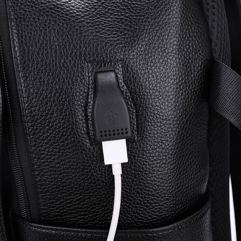 Men's USB Charging Waterproof Backpack PU Leather Travel Bag