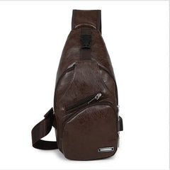 Men's Leather Chest Bag USB Charging Waterproof Crossbody Bag