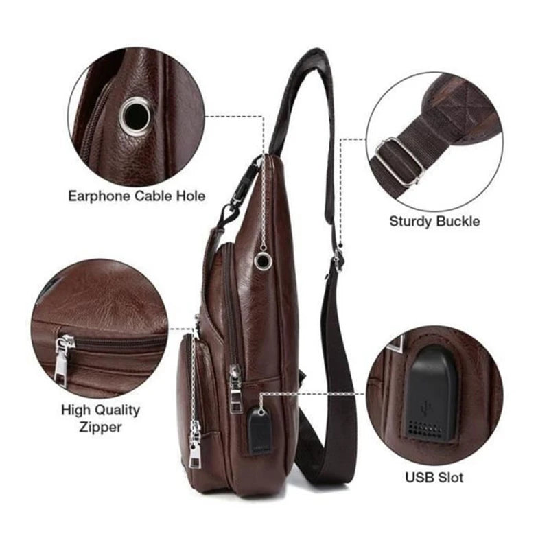Men's Chest Bag USB Charge Port Crossbody Pu Leather Vintage Business Bag
