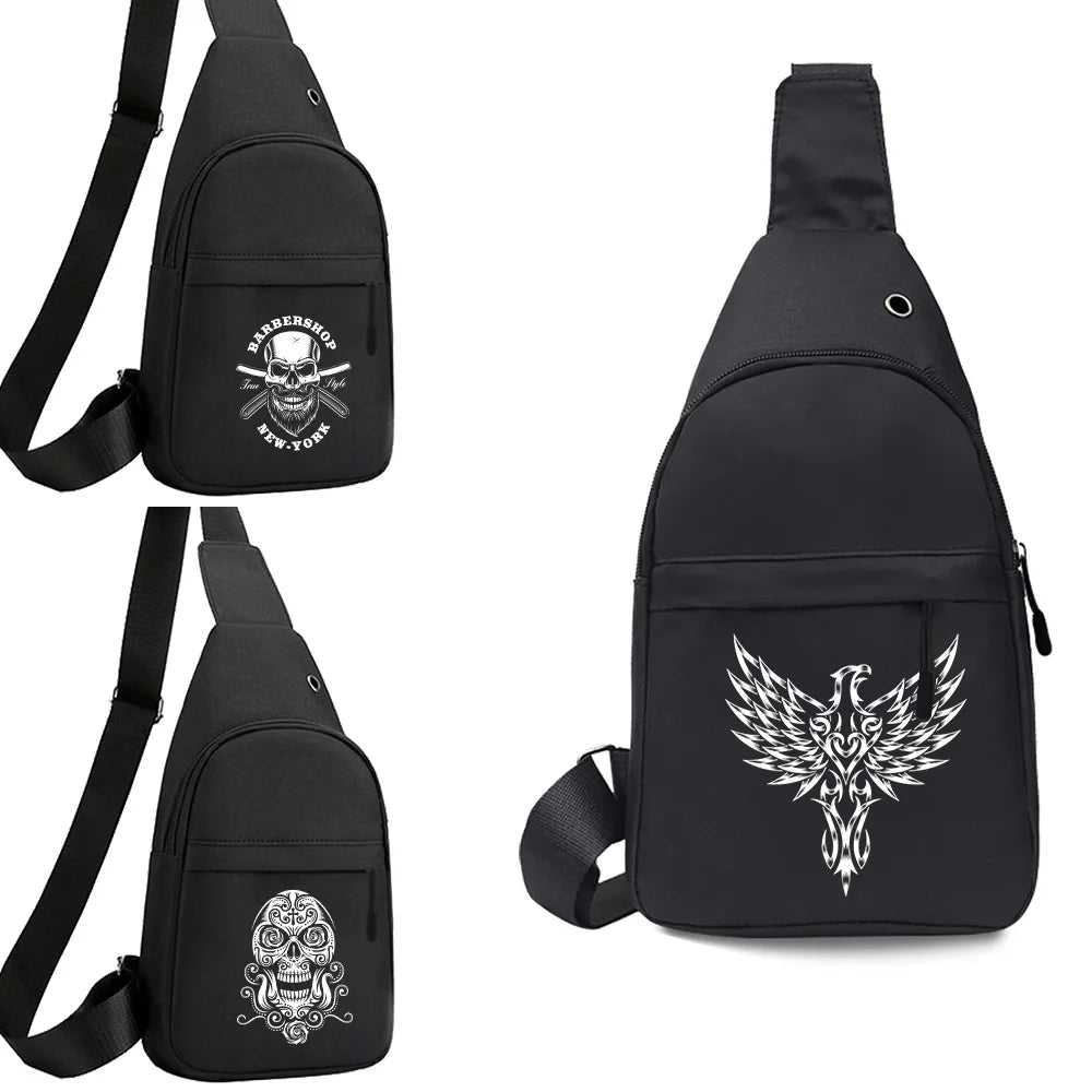Skull Print Chest Bag Crossbody Shoulder Pack USB Charging Hole