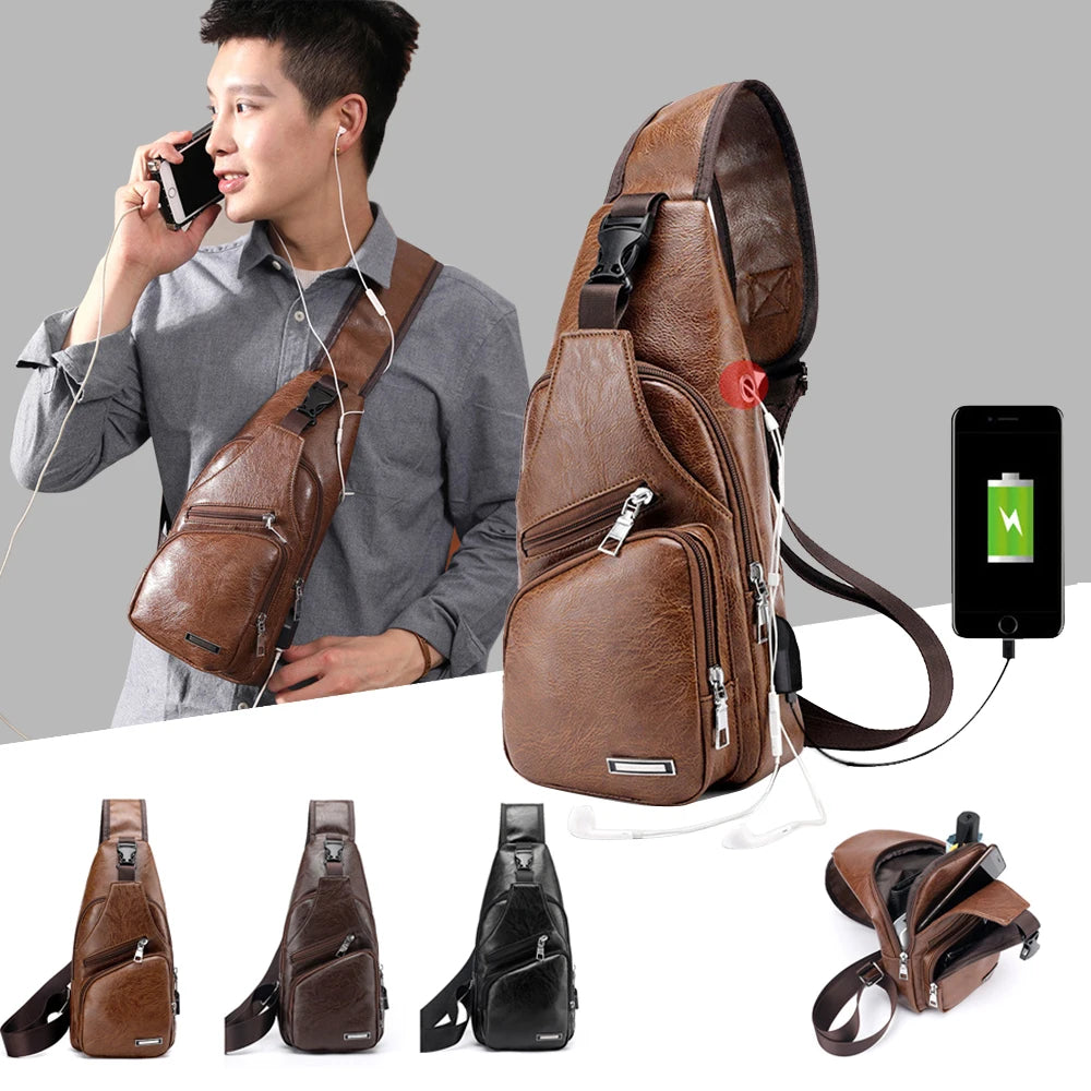 Men's Crossbody Chest Bag USB Charging Leather Shoulder Bag