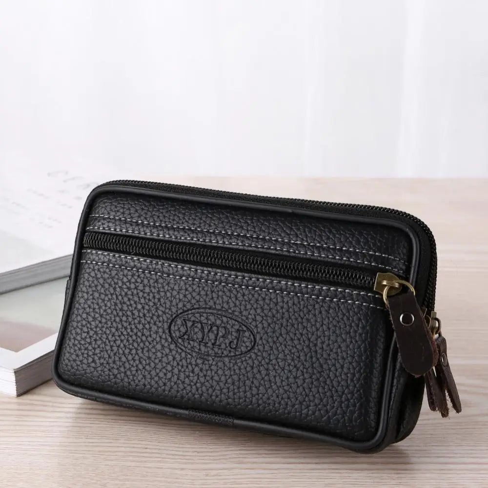Men's Double Layer Phone Waist Bag Faux Leather Wallet