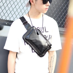 Men's Solid Chest bag PU Leather waist bag male Double zipper Crossbody bags