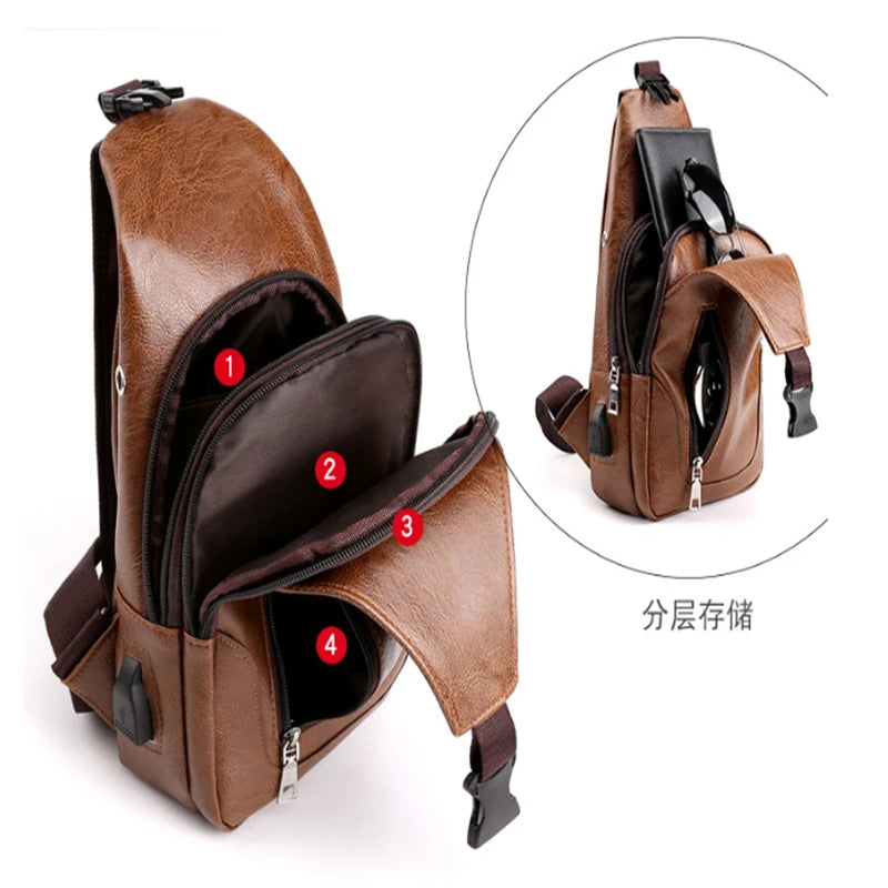 Men's Leather Chest Bag USB Charging PU Shoulder Bag Diagonal Messenger Travel