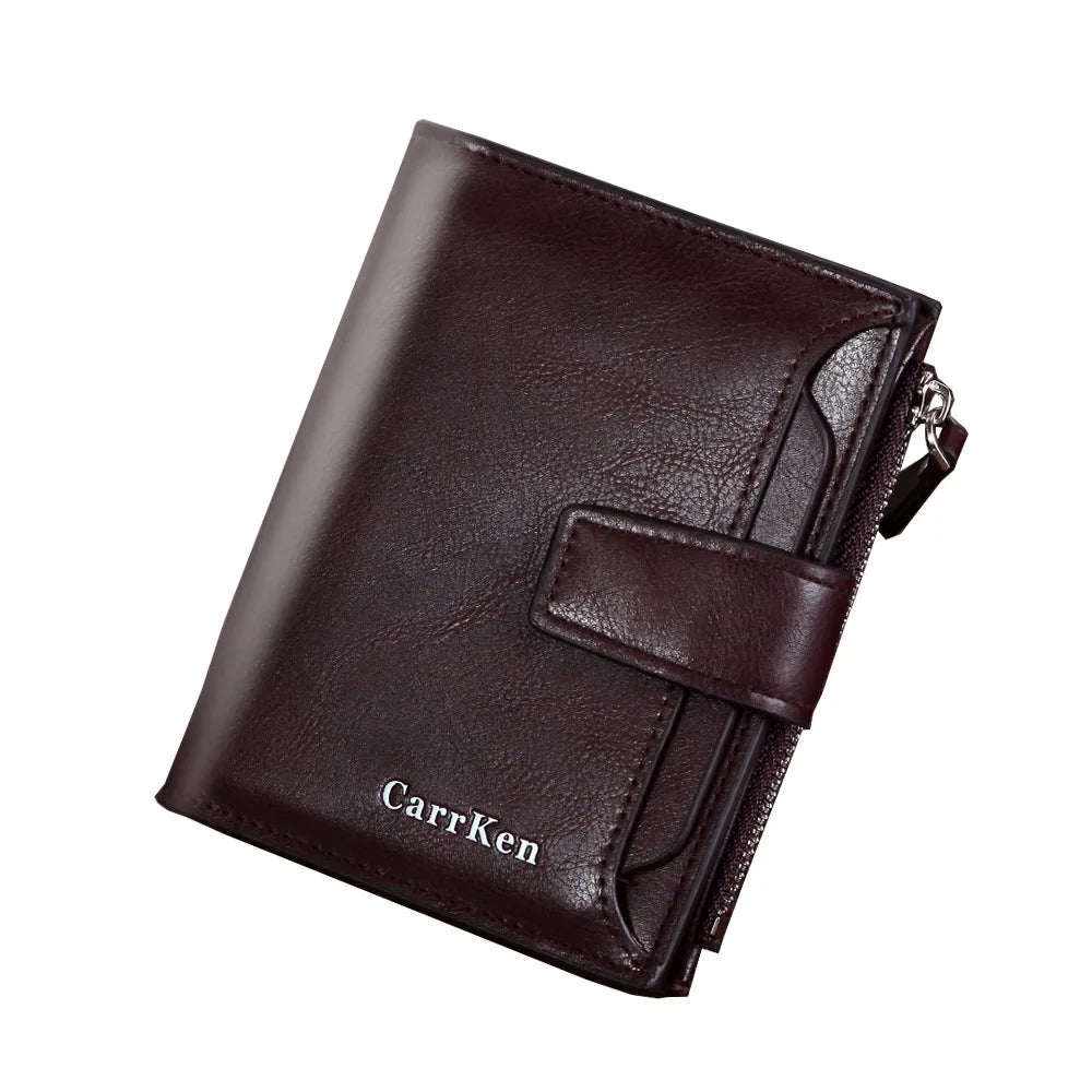 Men's Short Wallet with Large-capacity Zipper, Oil Wax Leather