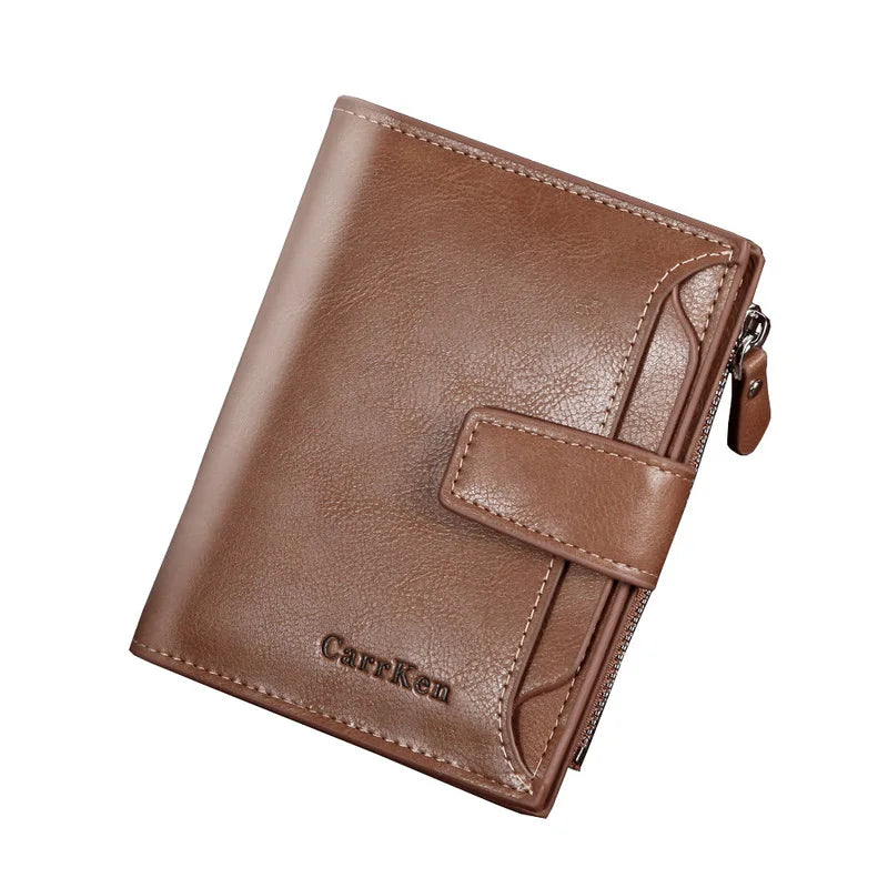 Men's Short Wallet with Large-capacity Zipper, Oil Wax Leather