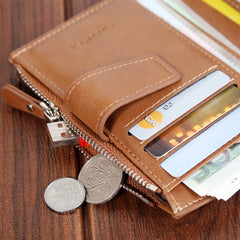 Men's Short Wallet with Large-capacity Zipper, Oil Wax Leather