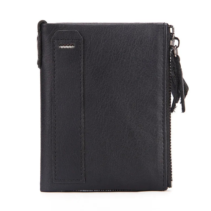 Men's Leather Wallet Double Zipper Coin Purse Short Oil Wax Leather Wallet