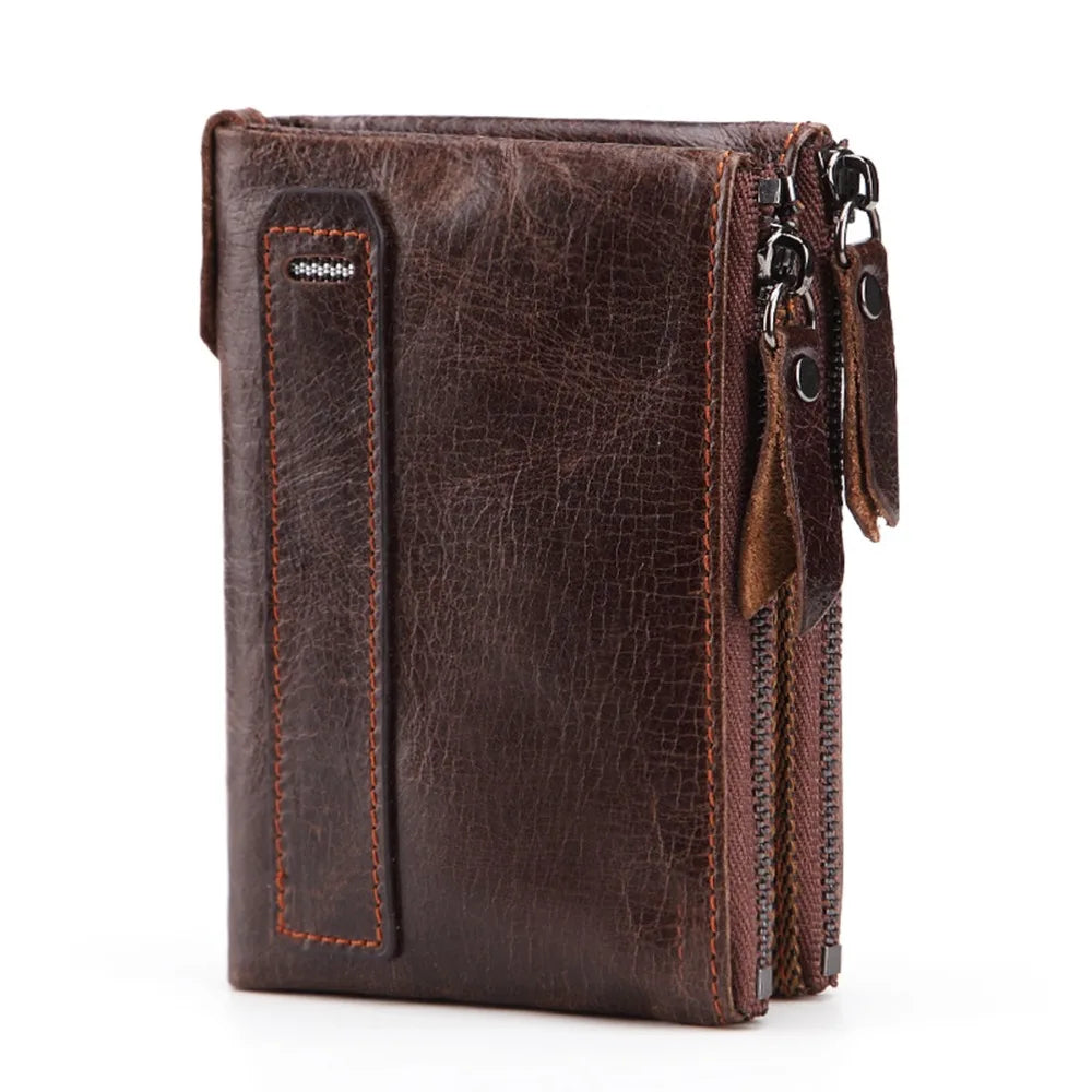 Men's Leather Wallet Double Zipper Coin Purse Short Oil Wax Leather Wallet