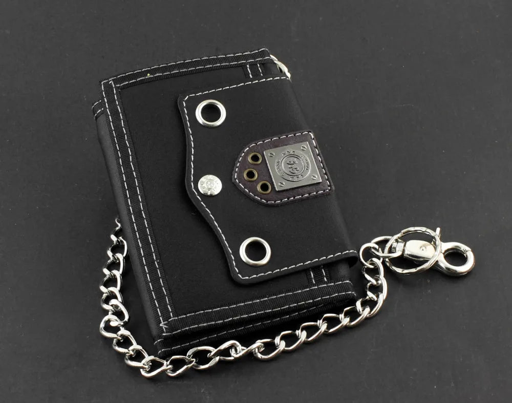 Biker Studded Canvas Trifold Wallet with Chain