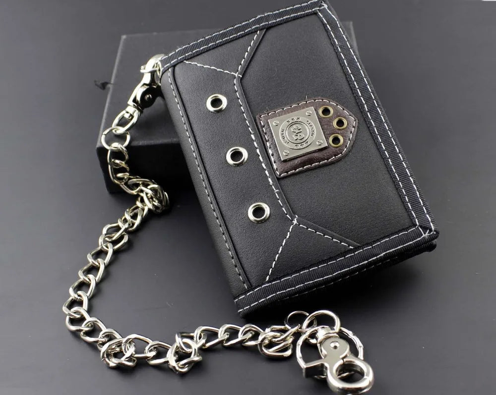 Mens Teen Canvas Trifold Leather Wallet with Chain