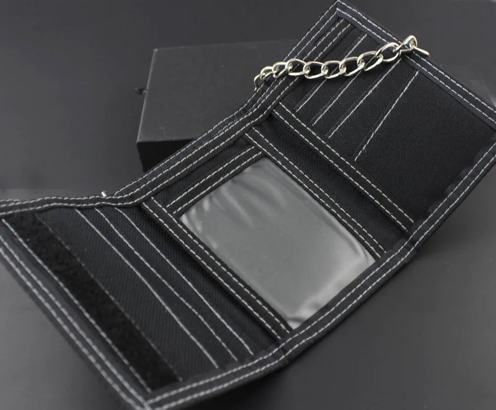 Mens Teen Canvas Trifold Leather Wallet with Chain