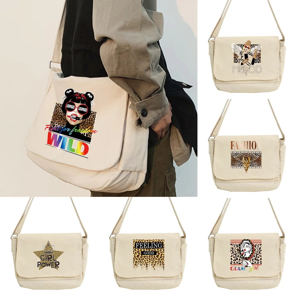 Leopard Pattern Messenger Bag College Style Portable One-shoulder Bag