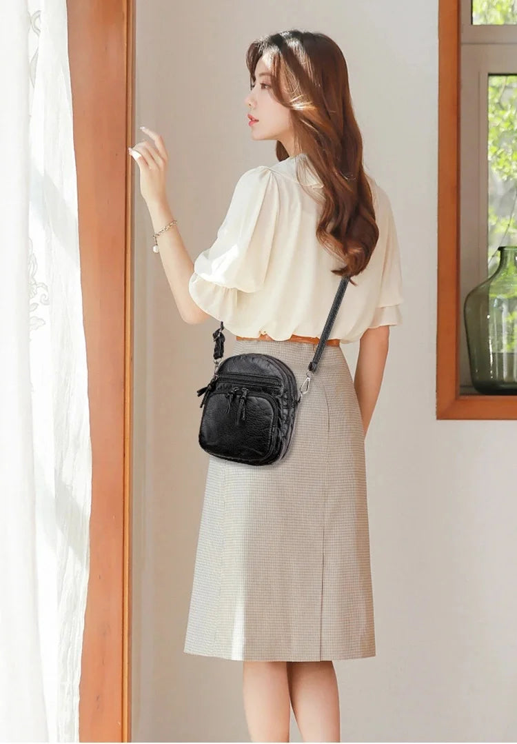 Soft Leather Shoulder Bag Multi-layer Large Capacity Phone Bag