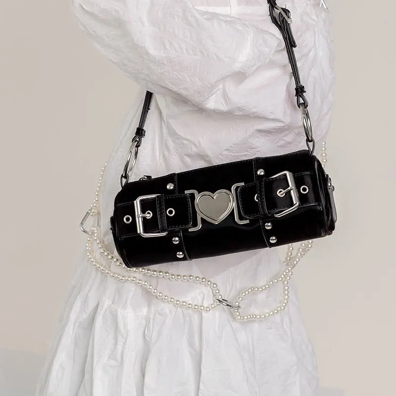 Vintage Metal Heart Cylinder Shoulder Bag for Women