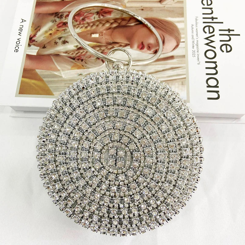 Metal Round Bracelet Evening Bags for Women High Rhinestone Shoulder Bag Purse