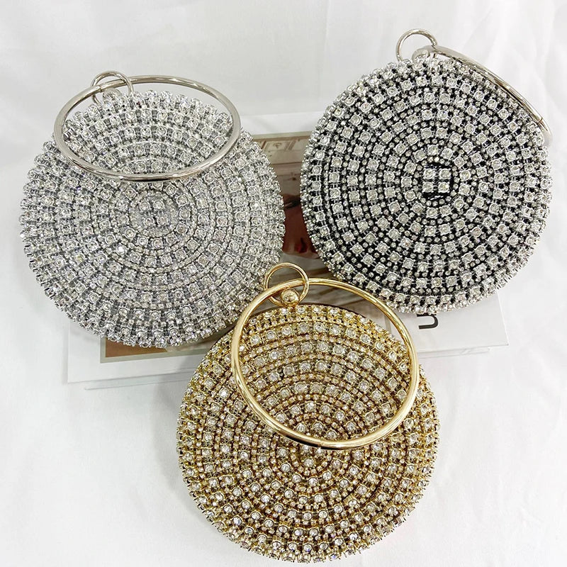 Metal Round Bracelet Evening Bags for Women High Rhinestone Shoulder Bag Purse