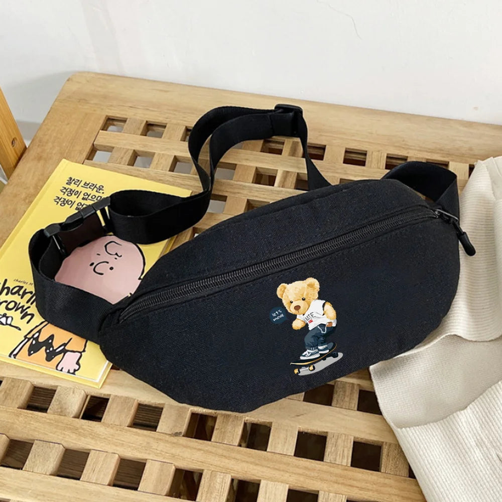 Canvas Waist Bag Bear Print Gym Sports Messenger Bag