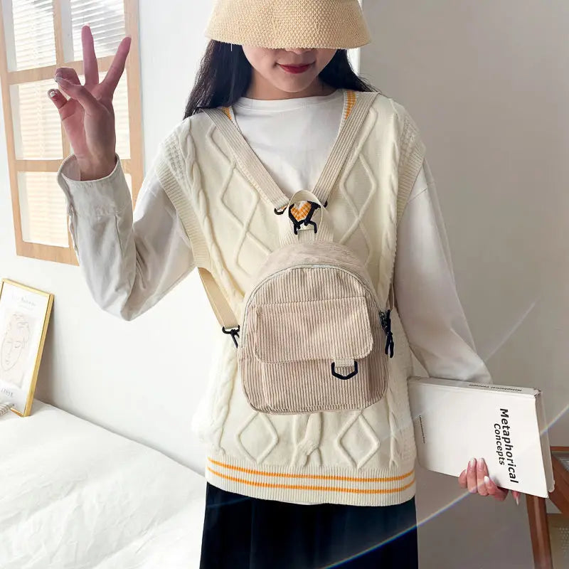Corduroy Mini Backpack Retro Casual Bag Women School Travel Storage