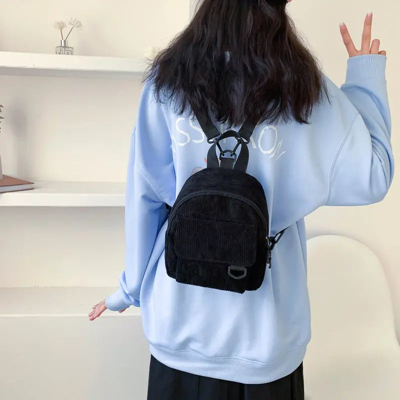 Corduroy Mini Backpack Retro Casual Bag Women School Travel Storage