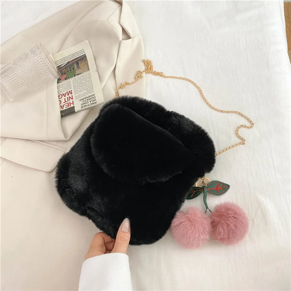 Soft Plush Crossbody Bag with Pendant for Women