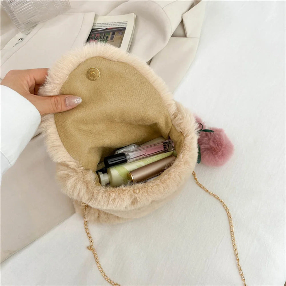 Soft Plush Crossbody Bag with Pendant for Women