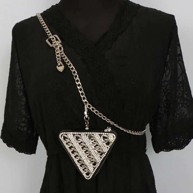 Triangle PU Leather Waist Pack Bling Fanny Pack Metal Chain Belt