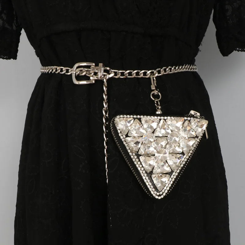 Triangle PU Leather Waist Pack Bling Fanny Pack Metal Chain Belt