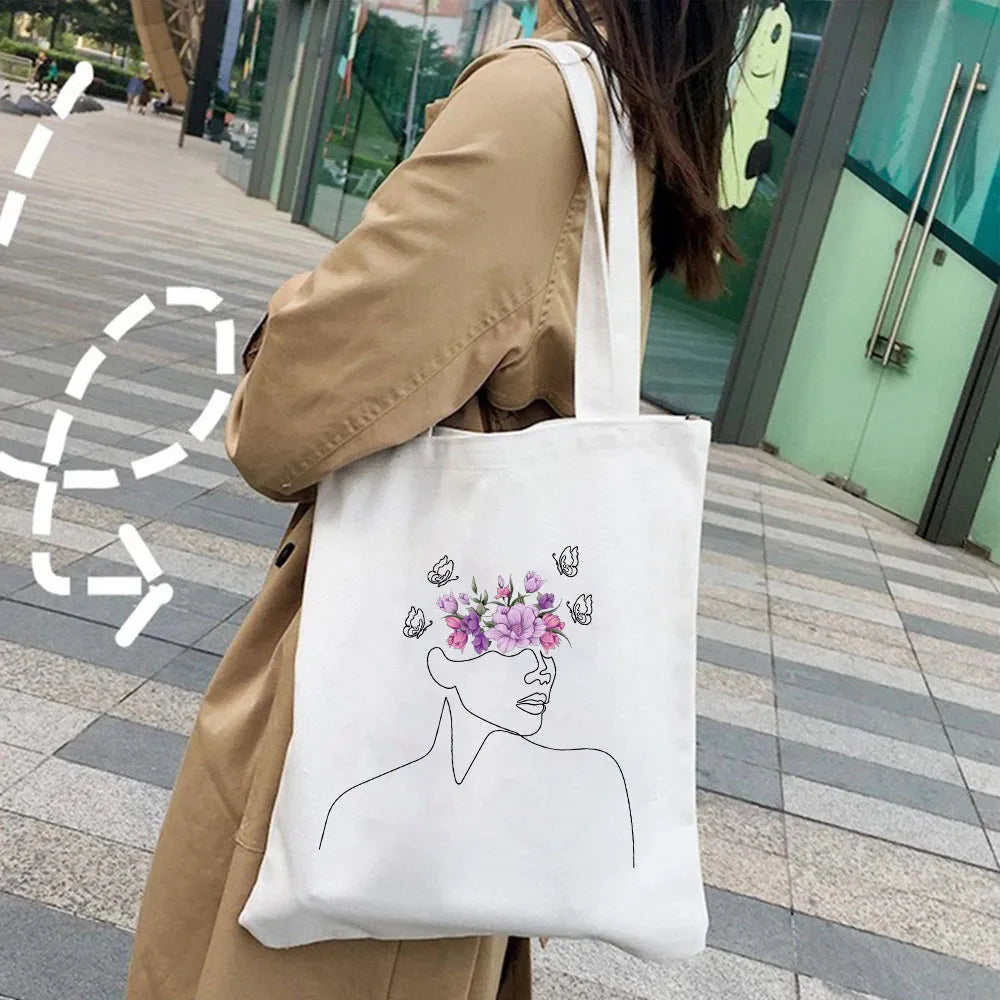 Minimal Rose Flower Butterfly Women Canvas Shopper Bags Cotton Handbags Totes
