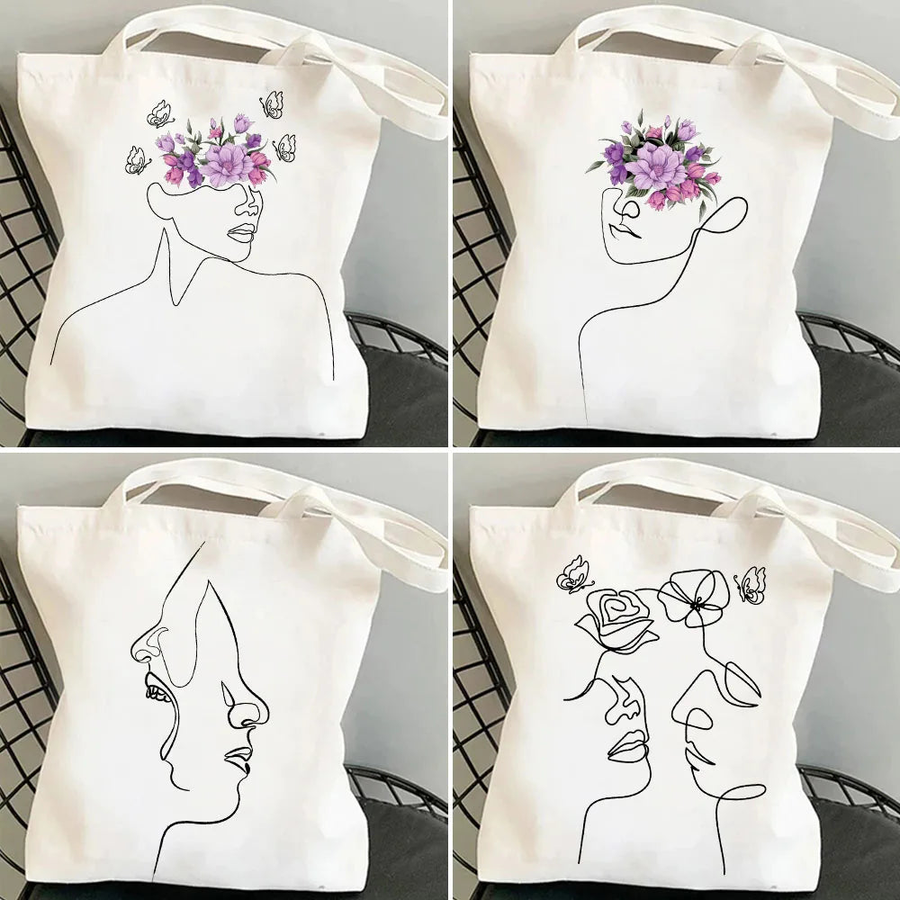 Minimal Rose Flower Butterfly Women Canvas Shopper Bags Cotton Handbags Totes