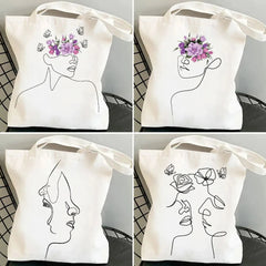 Minimal Rose Flower Butterfly Women Canvas Shopper Bags Cotton Handbags Totes