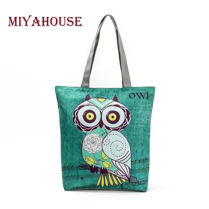 Miyahouse Owl Printed Women's Casual Tote Canvas Shopping Bag