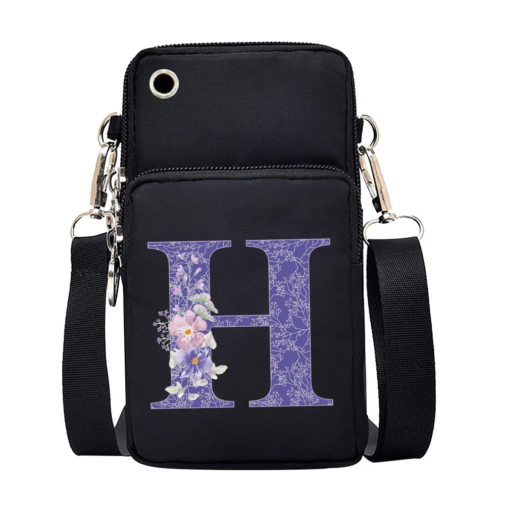 Purple Flower Letters Print Shoulder Pouch for Samsung/iPhone/Huawei