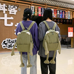 Cartoon Frog Shape Backpack Canvas Bagpack Green Rucksack Female Shoulder Bag