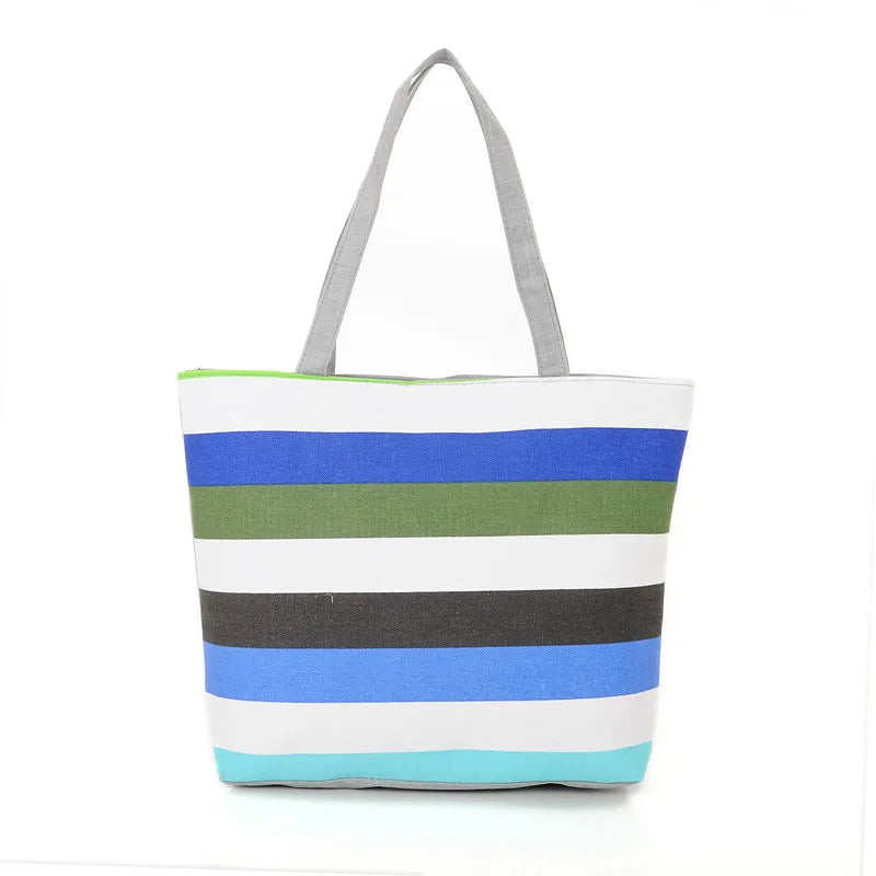 Striped Rainbow Canvas Shopper Bag Tote Women Girls Shoulder Handbag