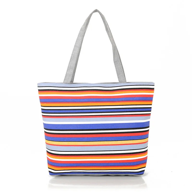 Striped Rainbow Canvas Shopper Bag Tote Women Girls Shoulder Handbag
