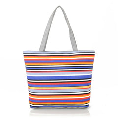 Striped Rainbow Canvas Shopper Bag Tote Women Girls Shoulder Handbag