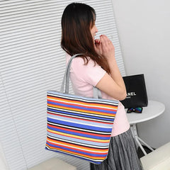 Striped Rainbow Canvas Shopper Bag Tote Women Girls Shoulder Handbag