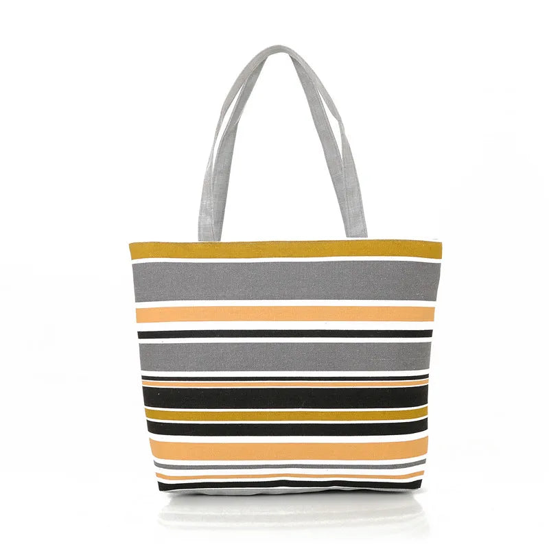 Striped Rainbow Canvas Shopper Bag Tote Women Girls Shoulder Handbag